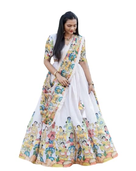 Lehenga Choli For Women's Vichitra Silk With Sequence Embroidery Work With Kalamkari Print Lehenga Choli (White, Semi-Stitched)-image-29