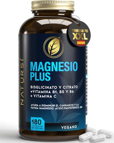 Citrato de Magnesio 1651mg + Bisglicinato de magnesio 600mg + vit B1, B5, B6 y C- Alivia Dolor Articulaciones, vitaminas para el Cansancio - Magnesium Alta Biodisponibilidad |180 Comprimidos Natursí