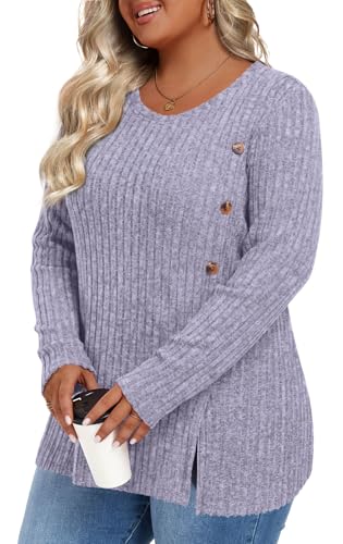 Image of HOTGIFT Womens Plus Size Sweater Tops Long Sleeve Crewneck Casual Tunic Shirts Buttons XL-5XL Blouse Soft Comfy Fashion