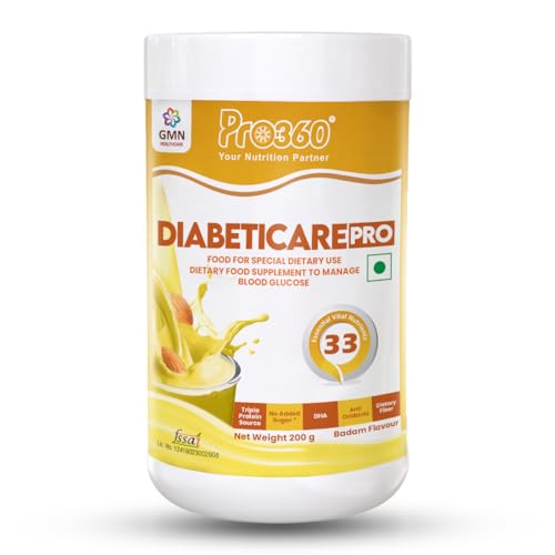Image of Pro360 Diabeticare Pro Protein Powder for Diabetes - Nutrition Supplement for Diabetic Care - Helps in Managing Blood Sugar Levels - Zero Added Sugar - Badam Flavour 200g Jar