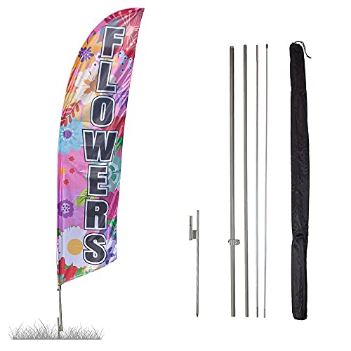 Vispronet Flowers Feather Flag Kit – 13.5ft Advertising Flag with Pole Set, Ground Spike, Pole Sleeve Bag – Outdoor Flower Shop Flag – Printed in the USA