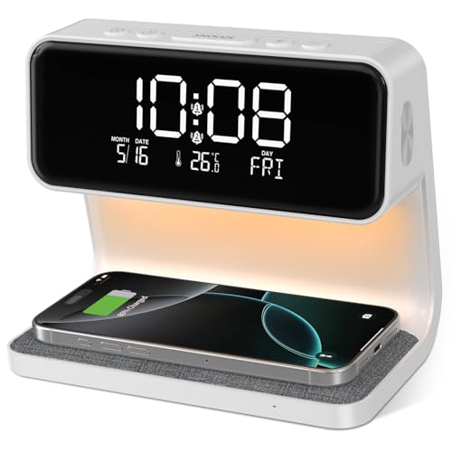 SOLVIEW Sveglia Digitale, Sveglia da Comodino con Ricarica Wireless 15W, Display LED Temperatura/Data/2 Allarme/Snooze Regolabile/ 12/24Ore, Sveglia Luminosa con Touch Dimmerabile per Adulti e Bambini
