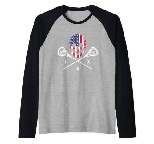 Bandera de Estados Unidos Lax Esqueleto | Lax Player | Lacrosse Camiseta Manga Raglan