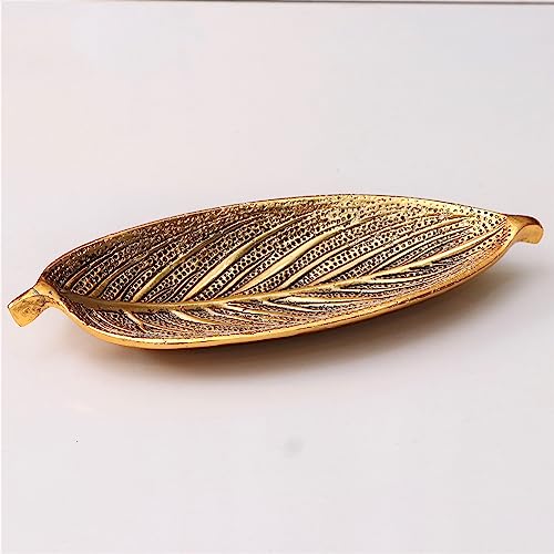 Image of KridayKraft Hand Crafted Metal Leaf Shape Tray with Collectible Art Perfect for Home Centre Table Serving Dry Fruits (Golden, Pack of 1)