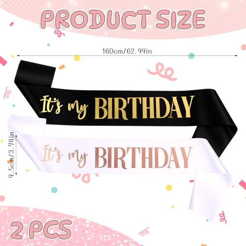 It's My Birthday Schärpe 2 Stück Geburtstag Schärpe Satin Geburtstag Schärpe für Damen Mädchen Junge Schwarz Weiß Schärpe Deko Happy Birthday Sash for Birthday Girl
