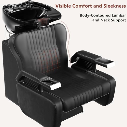 Image of Shampoo Bowl and Chair Set for Salon,Backwash Chair with Adjustable Tilting Porcelain Sink, Salon Hair Washing Station with Ceramic Shampoo Bowl Neck Rest