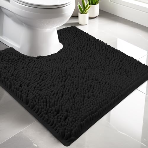 LUSCHEER Absorbent Chenille WC Toilet Rug Non-Slip U Shape Pedestal Mat Bath Mat, Extra Soft Fluffy Bathroom Toilet Mat for Floor, Quick-drying Machine-Washable, 50 x 50 cm, Black