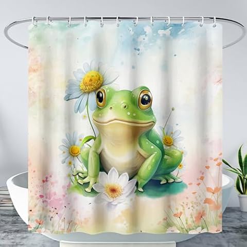 AILONEN Cartoon Frog Shower Curtain Set for Bathroom,Green Frog Bath Curtain,Amphibian Animal Shower Curtain,Tie Dye Flowers Waterproof Fabric Shower Curtain with Hooks,36" W*72" H Cover