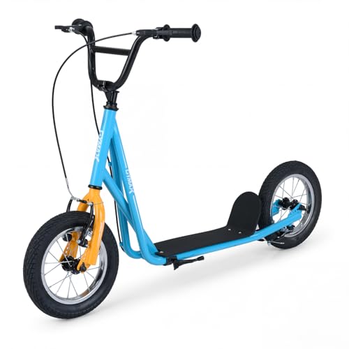 Image of GYMAX Scooter, Kids & Adults Off-Road Scooter with 12 inch Inflatable Wheels, Adjustable Height Handlebar, V-Type Handbrakes & Axle Pegs for All Terrain, 8+