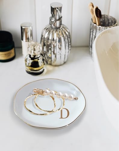 Fmeida Ceramic Jewelry Trays, Small Jewelry Tray Dish Initials Ring Dish for Women, Monogrammed Gifts for Birthday Wedding Christmas, 4.75\", Rose Gold A