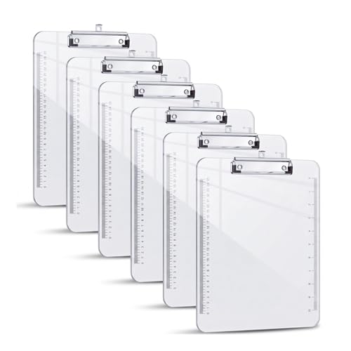 Planchette à pince transparente rigide avec règle anti-glisse pour écrire debout - Lot de 6