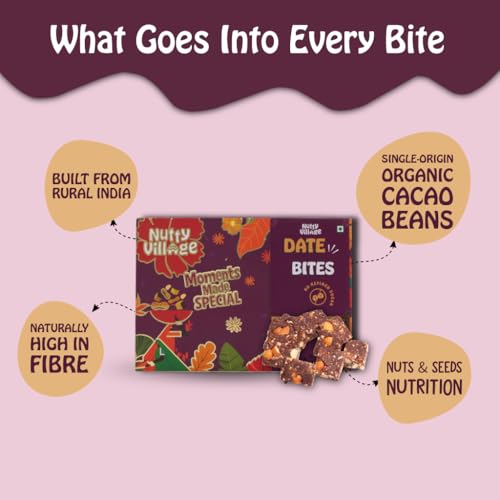 Image of Nutty Village Dry Fruit Bites with Dates | No Refined Sugar | Dates, Almonds, Cashew & Cacao | Healthy Snack | Energy Bar Replacement | No Preservatives | High Protein | 200g | Lab Tested
