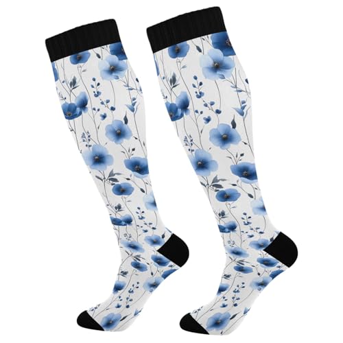 ALAZA Athletic Compression Socks Knee High Socks Stockings for Women White Blue Flowers Running Circulation Sport Football