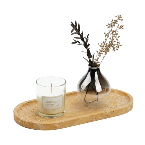 Image of Koville Turkish Natural Travertine Decorative Marble Tray - 12 inchx6 inch Wabi Sabi Home Countertop Organizer, Catchall Tray for Perfume, Candles, Jewelry