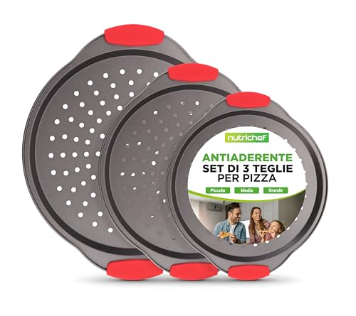 Nutrichef Set da 3 Teglie da Forno per Pizza con Manici in Silicone, Teglie Forno Rotonde Antiaderenti in Acciaio al Carbonio, Ideali per Pizze Croccanti, Grigio