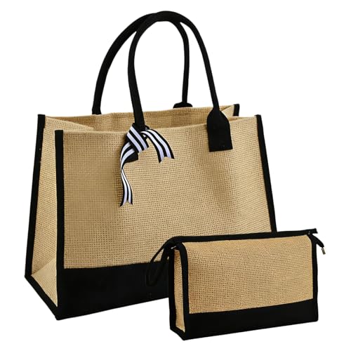 Culinavog Cabas Femme, Sac de Courses en Jute avec Poche en Coton à Provisions, Grand Format et Capacité, avec Maquillage, Sac Tote Bag avec Noeud Papillon...