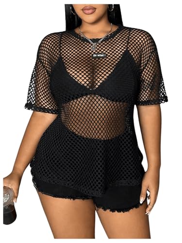Verdusa Women's Plus Size Y2k Gothic Tops Sheer Mesh T Shirt Fishnet Rave Outfits Top