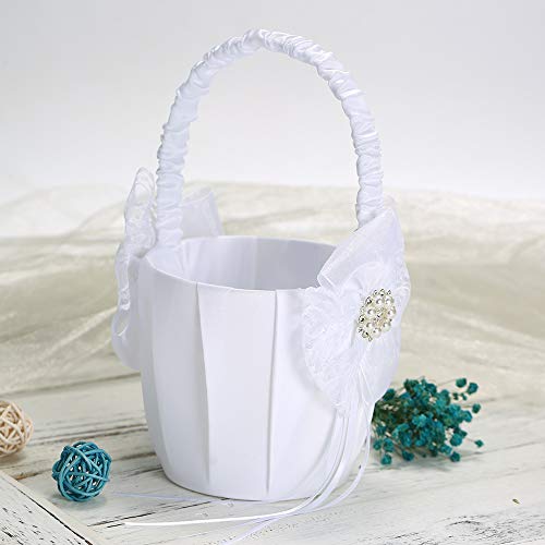 Baugger - Cesta de florista de casamento Cesta de cetim branca de marfim Cesta de casamento