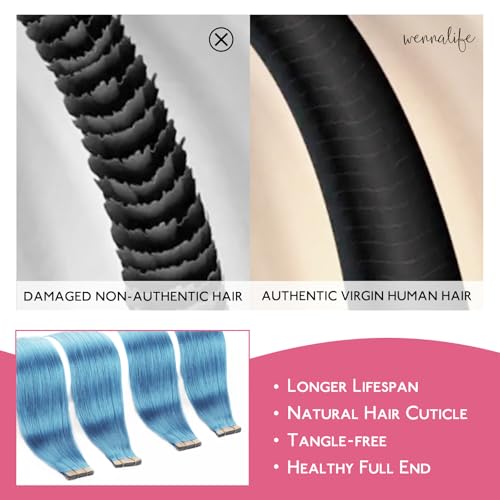 Image of WENNALIFE Tape in Hair Extensions Human Hair SkyBlue Tape in Extensions, 10pcs 25g 14 inch Remy Invisible Tape Ins Straight Colored Soft Real Human Hair Tape in Extensions Refill Set Extensions