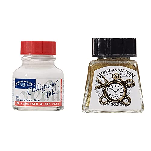 Winsor & Newton Tinta Para Caligrafía Capligraphy Ink Frasco De 30Ml, Blanco + Drawing Ink Tinta de Dibujo, Dorado (Gold), 14ml