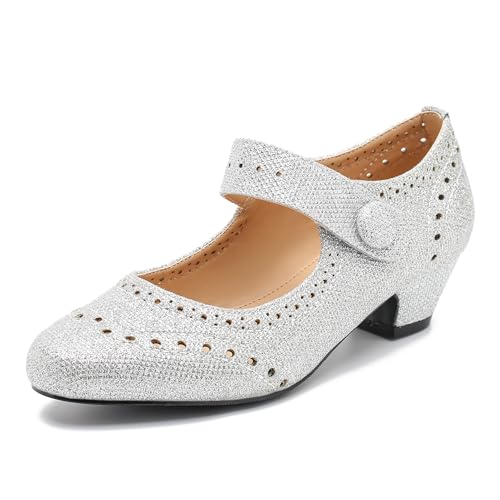 Women's Low Chunky Heel Ankle Strap Cut Out Closed Toe Pumps Hook and Loop Retro D'Orsay Vintage Dressy Wedding Party Church Shoes Silver Glitter 40-8.5US