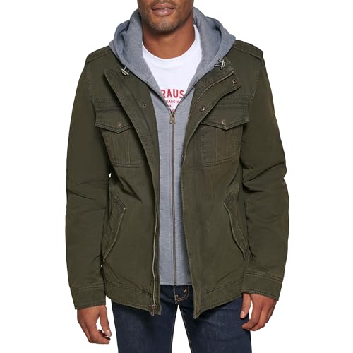 Levi's Men's Washed Cotton Military Jacket with Removable Hood (Standard and Big & Tall), Olive, Medium