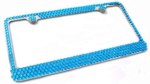 Hotblings4 Row Turquoise Blue Rhinestone Bling Sparkle Metal License Plate Frame & Caps Set