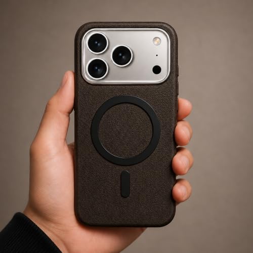 Image of Premium Vegan Soft Leather Magnetic Case for iPhone 17 Pro (6.3 Inch), Dark Brown Slim Shockproof Anti Fingerprint Matte Finish, Scratch Resistant Surface, Raised Camera Protection, Anti Slip Grip