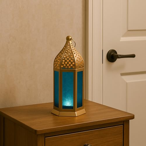 Image of MARKET 99 Metal+Glass Moroccan Lantern with Embosed Glass | for Diwali, Christmas, Birthday, and Wedding | Decorative Candle Holder for Home Decor-Golden & Blue | (Use LED T-Light only)