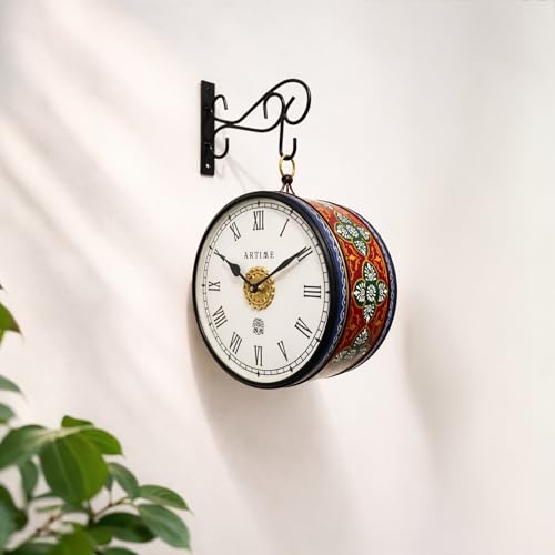 Image of Handcrafted Double Side Metal Analog Vintage Wall Clock | 1.5 Year Machine Warranty | 8 INCHES | 1 Side Number 1 Side Roman,Color (Blue Handprint)