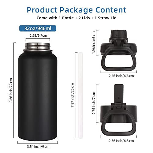 Volhoply 32oz Insulated Water Bottles Bulk 8 Pack with Straw Lid & Spout Lid,Stainless Steel Sports Water Bottle,Double Wall Vacuum Cups,Leakproof Wide Mouth Metal Flask for Hiking,Camping(Black,8) - Image 4