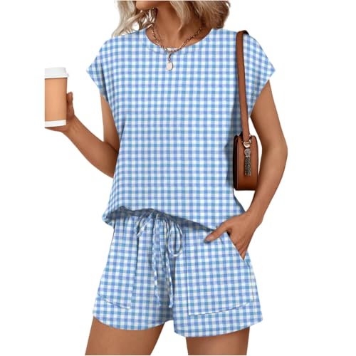 Shorts Sets Women 2 Piece Outfits Blue Striped Lounge Cap
