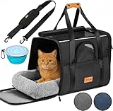 CADOCA® Transportbox Katzen bis 20kg faltbar Sonnen- und Regendach Schultergurt mit Napf Atmungsaktiv Komfortabel Wendekissen Haustier Katzenbox Tragetasche Hunde Auto Anthrazit