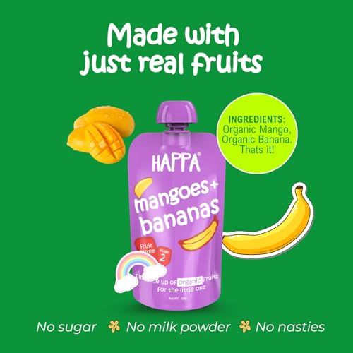 Image of Happa Organic Baby Food Apple & Mango + Mango & Banana Puree Combo | 100% Fruits | No Added Sugar | No Milk Powder | No Preservatives | Stage 2 (6M+) | Ready to Eat | Allergen-Free | 4 x 100g