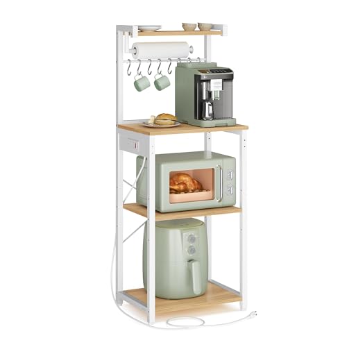 Image of VASAGLE BARNET Collection - Kitchen Bakers Rack with Power Outlet, 17.7-Inch Wide Coffee Bar 4-Tier with 8 S Hooks, Modern Microwave Stand, Adjustable Shelf, Golden Oak and Cloud White UKKS013YA01