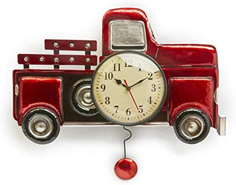 The Lakeside Collection Pendulum Wall Clock with Vintage-Style Red Truck, Battery-Powered Analog Dial