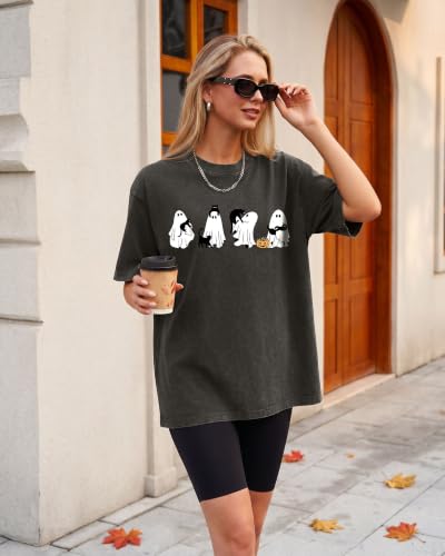 Aiyino Womens Halloween Ghost Cat Vintage Washed Graphic Tee Dark Grey L - image 4