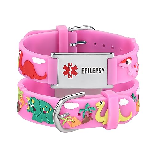 Image of LinnaLove Medical Alert ID Bracelet - Custom or Pre-Engraved, QR Code Available,Blue Dinosaur Band