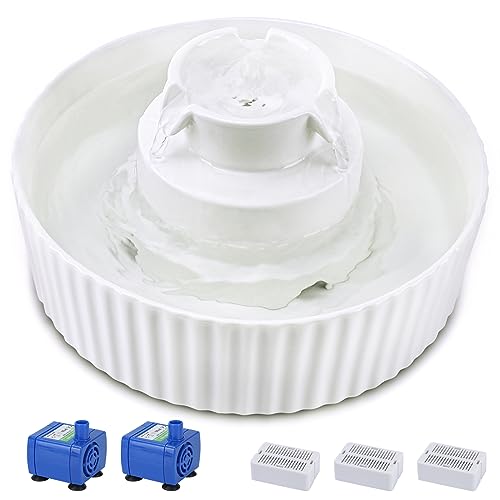 Image of Lawfery Ceramic Cat Water Fountain, 2.1L /71oz Cat Fountain with 3 Carbon Filters and 2 Quiet Pumps, Cupcake Pet Water Dispenser for Cats and Dogs (White)