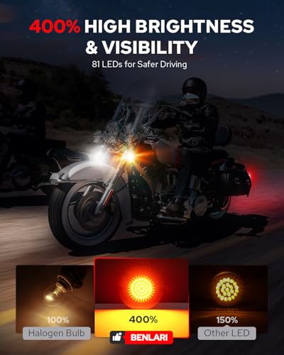 Image of Benlari 3 1 /4 inch LED Turn Signals, 81 LEDs Front 1156 1157 Turn Signals Brake Light Kit with 2 Smoked Lens Cover Fit for Harley Davidson Touring Sportster Iron 883 Dyna Softail 1986-2024