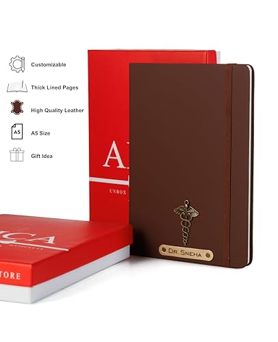 Image of AICA Personalized Name & Charm Doctor Leather Notebook Diary - A5 Size, 180 Ruled Pages (Dark Brown) | Customized Gift for Doctors Retirement Farewell Appraisal Birthday For Men Women Girls Boys