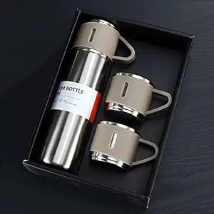 ABS Double Wall Stainless Steel Thermo 500ml Vacuum Insulated Bottle Water Flask Gift Set with Two Cups Hot & Cold | Assorted Color | Diwali Gifts for Employees | Corporate Gift Items (Multicolor)