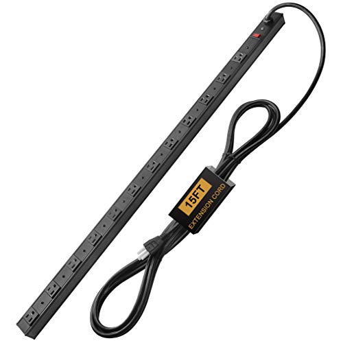 BESTTEN Wide-Spaced 12-Outlet Metal Power Strip Surge Protector, 15-Foot Ultra Long Extension Cord, 15A/125V/1875W, 600 Joules, ETL Listed, Black