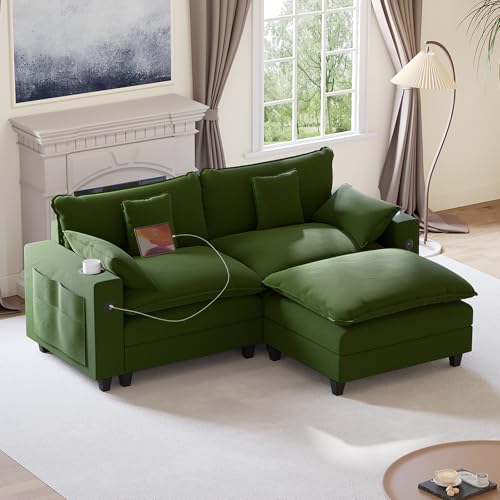 Image of KCGKCG 80.7 inch Modular Sectional Sofa, L Shaped Cloud Couch with Movable Ottoman, Chenille Deep Seat Cloud Sofa with Charging Station, Cup Holder, Side Pocket, Sectional Couches for Living Room, Green