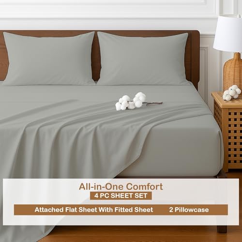 ARlinen Super Single Waterbed Sheet Set - 4 Piece, 100% Cotton, 15 Inch Deep Pockets, Attached Design, Extra Soft Solid Light Grey Bed Sheets