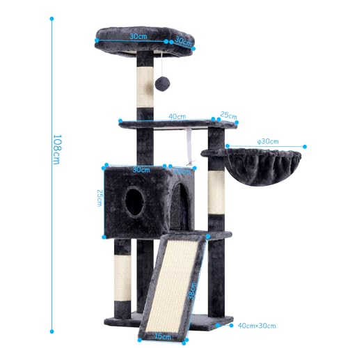 Hey-brother Kratzbaum, 108cm Indoor Katzenbaum, mehrstöckiger Katzenkratzbaum für Kätzchen, mit Kratzsäulen, Rampe, Körbchen, geräumigem Katzenloch und hängendem Pompon-Spielzeug, Rauchgrau MPJ007SG
