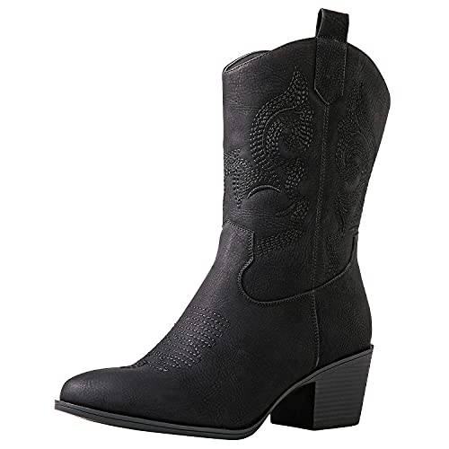 GLOBALWIN Women's Black Mid Calf Cowgirl Boots Classic Embroidered Western Cowboy Boots for Women Chunky Low Heel Size 8M