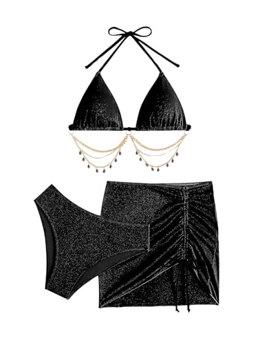 COZYEASE Women's 3 Piece Bikini Set Backless Halter Neck Triangle Chain Swimsuit Set with Beach Skirt4