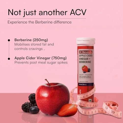 Image of hk vitals 3x Metabolic Apple Cider Vinegar 750mg + Berberine 250mg, Mixed Berry, 30 Effervescent Tablets (15 Tablets each) | Combo Pack