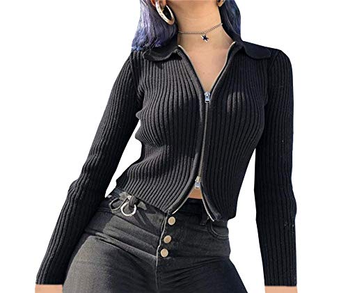 xxxiticat Women's Front Zipper Cardigan Sweater Long Sleeve Slim Fit Turn Down Collar Zip Down Up Pullover Sweaters